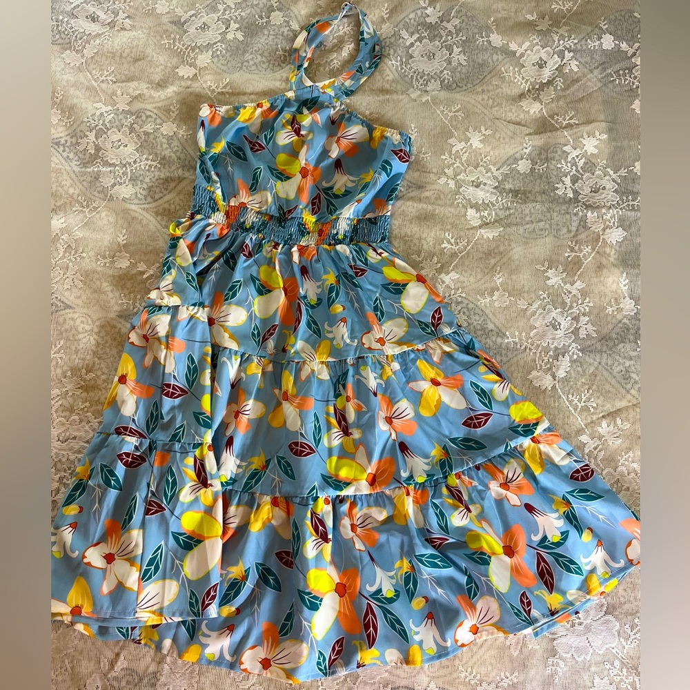 Floral Halter Dress in Blue and Yellow - Picture 1 of 6
